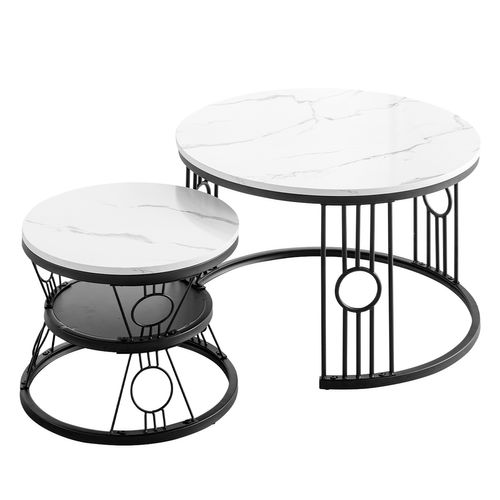 Table Basse Gigogne 2 Pièces - Tables Rondes Empilables Pour Salon Et Balcon, Mdf Et Métal - Noir