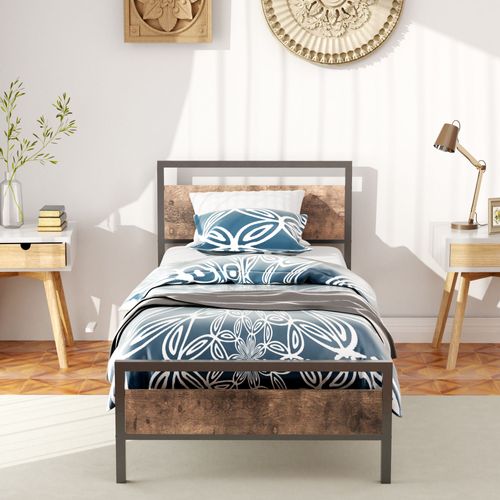 Lit Simple 90x200 Cm - Lit En Métal Noir Avec Bois Robuste Et Sommier à Lattes