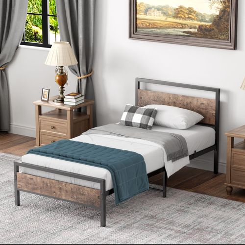 Lit Simple 90x200 Cm - Lit En Métal Noir Avec Bois Robuste Et Sommier à Lattes