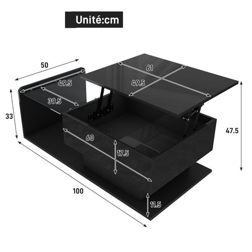 Table Basse Design, Plateau Verre, Rangement LED, Pb/spanplatte, 100×50×33/47,5 Cm, Noir