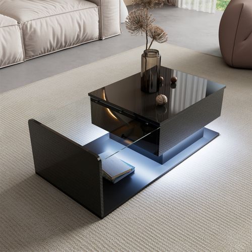 Table Basse Design, Plateau Verre, Rangement LED, Pb/spanplatte, 100×50×33/47,5 Cm, Noir