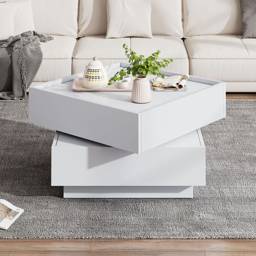 Table Basse Carrée, Plateau Pivotant 360°, Double Plateau, Rangement, 60×60×38 Cm, Blanc