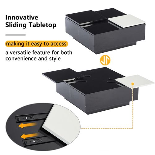 Table Basse Carrée, Plateau Coulissant, Tiroirs Et Rangement, 75×75×33,5 Cm, Noir/blanc