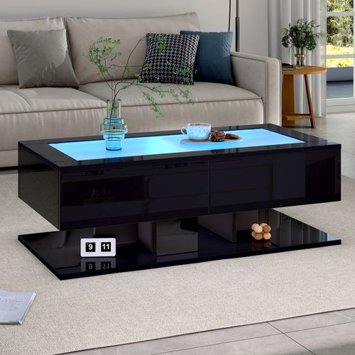 Table Basse Rectangulaire, Rangement Et LED Intégrée, Design Moderne, 100×50×35 Cm, Noir