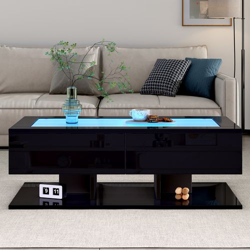 Table Basse Rectangulaire, Rangement Et LED Intégrée, Design Moderne, 100×50×35 Cm, Noir