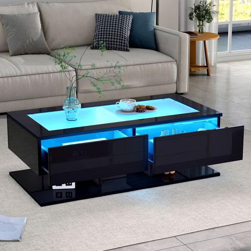 Table Basse Rectangulaire, Rangement Et LED Intégrée, Design Moderne, 100×50×35 Cm, Noir