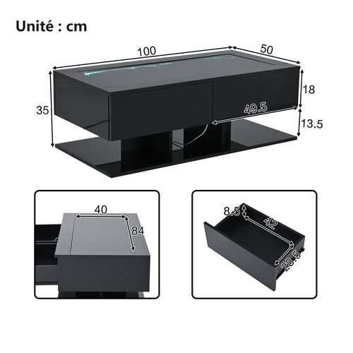 Table Basse Rectangulaire, Rangement Et LED Intégrée, Design Moderne, 100×50×35 Cm, Noir