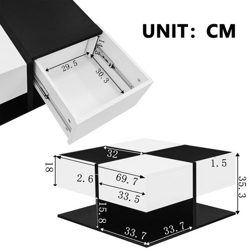 Table Basse Carrée Moderne, 2 Tiroirs Et Rangement, Noir/blanc