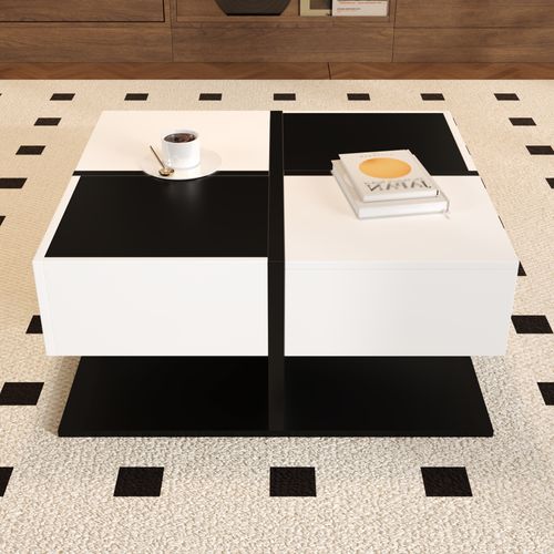 Table Basse Carrée Moderne, 2 Tiroirs Et Rangement, Noir/blanc