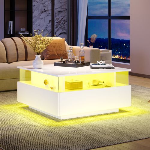 Table Basse LED Avec 2 Tiroirs Et Vitrine Transparente, Finition Laquée Brillante - Blanc
