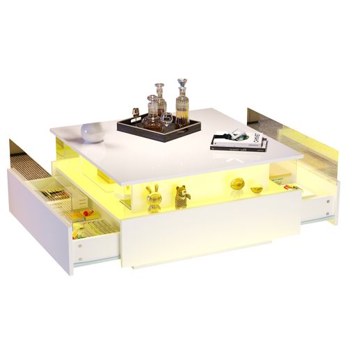 Table Basse LED Avec 2 Tiroirs Et Vitrine Transparente, Finition Laquée Brillante - Blanc