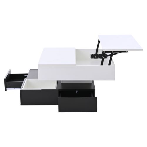 Table Basse Rotative 360° Avec Compartiment Caché, Design Moderne Relevable - Blanc/noir