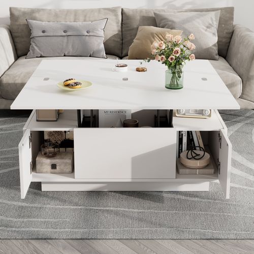 Table Basse Moderne Avec Plateau Réglable Double Levage Et Rangement Caché, Mdf, Blanc