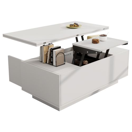 Table Basse Moderne Avec Plateau Réglable Double Levage Et Rangement Caché, Mdf, Blanc