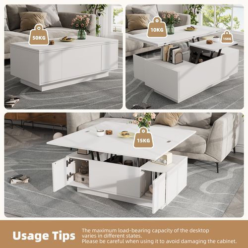 Table Basse Moderne Avec Plateau Réglable Double Levage Et Rangement Caché, Mdf, Blanc