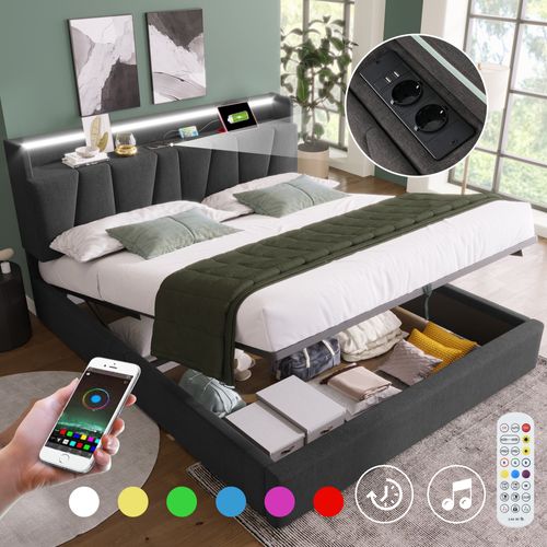 Lit Coffre 160x200 Cm - Lit Double - Ports USB Intégrés - Lin - Gris