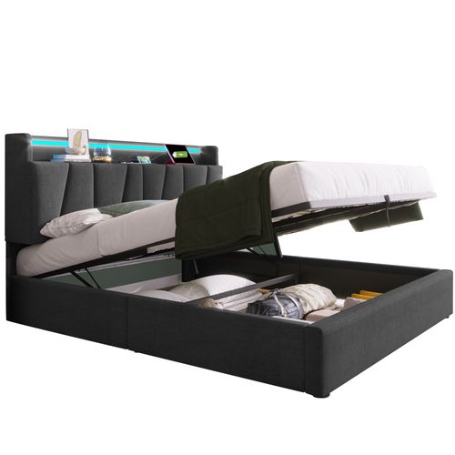 Lit Coffre 160x200 Cm - Lit Double - Ports USB Intégrés - Lin - Gris