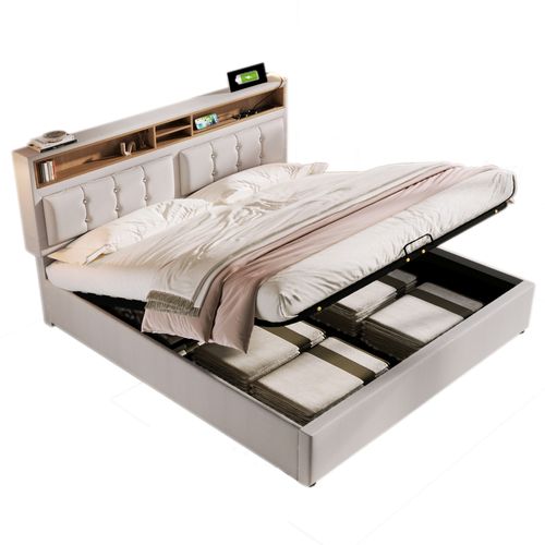 Lit Coffre 160x200 Cm - Lit Double Capitonné - Bois Massif - Beige