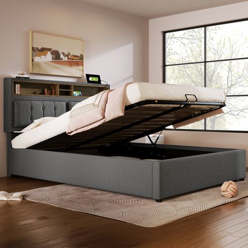 Lit Coffre 160x200 Cm - Lit Double Capitonné - Bois Massif - Gris