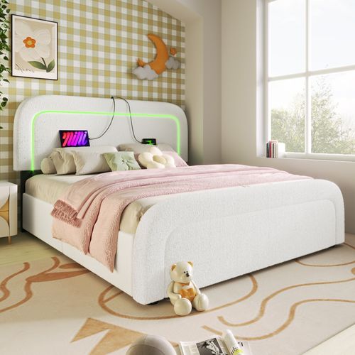 Lit Double 160x200cm Avec Rangement Et Port USB-c, 4 Tiroirs, Revêtement Sherpa, Blanc