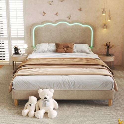 Lit Double Ado 140×200 Cm Avec Sommier à Lattes Et Tête De Lit LED, Lin Beige