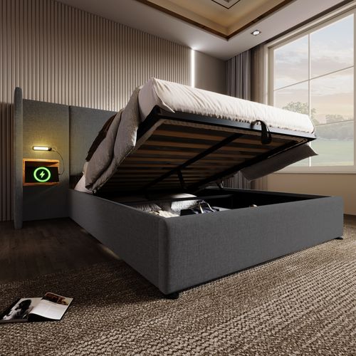 Lit Coffre Double 180x200, Lampe De Lecture Et USB, Lin Gris