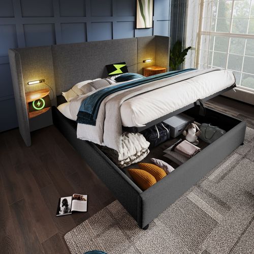 Lit Coffre Double 180x200, Lampe De Lecture Et USB, Lin Gris