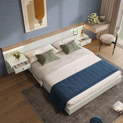 Lit Double 160x200, Avec 2 Tables De Chevet Et Prises USB, Bois Massif, Naturel+ Blanc