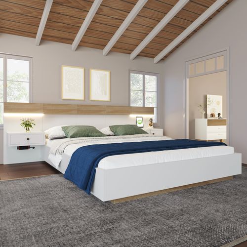 Lit Double 180x200, Avec 2 Tables De Chevet Et Prises USB, Bois Massif, Naturel+Blanc