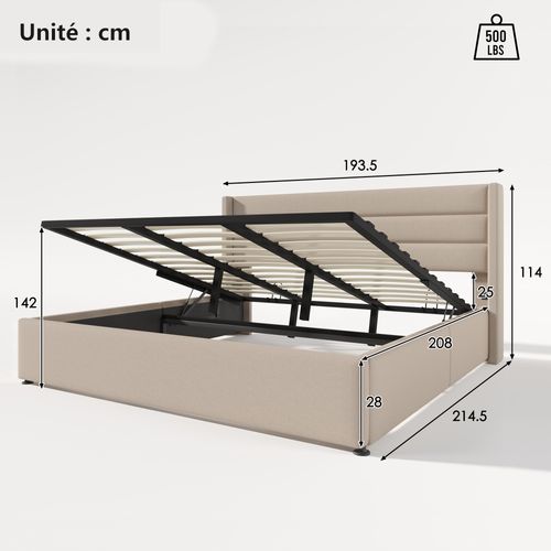 Lit Coffre Double 180×200 Cm , Grand Coffre De Rangement, Structure Métal, Lin Beige