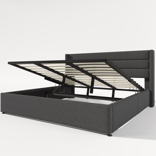 Lit Coffre 180x200 Cm - Lit Double Capitonné Gris Avec Sommier à Lattes - Lin