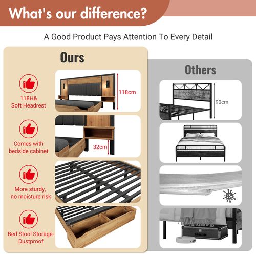 Lit Coffre 160x200 Cm - Lit Double Avec Banc Et Rangement - Métal - Chêne