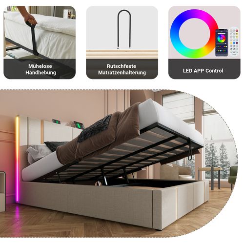 Lit Coffre 180×200 Cm Rembourré LED, USB, Lin, Beige