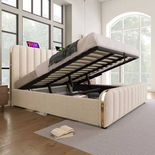 Lit Coffre 180×200 Cm Hydraulique Avec Rangement, Tête De Lit LED, Lin, Beige