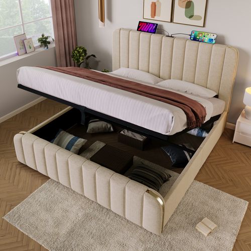 Lit Coffre 180×200 Cm Hydraulique Avec Rangement, Tête De Lit LED, Lin, Beige