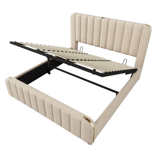 Lit Coffre 180×200 Cm Hydraulique Avec Rangement, Tête De Lit LED, Lin, Beige