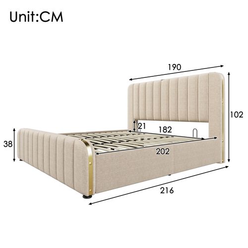 Lit Coffre 180×200 Cm Hydraulique Avec Rangement, Tête De Lit LED, Lin, Beige