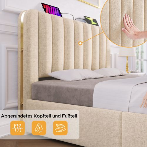 Lit Coffre 180×200 Cm Hydraulique Avec Rangement, Tête De Lit LED, Lin, Beige