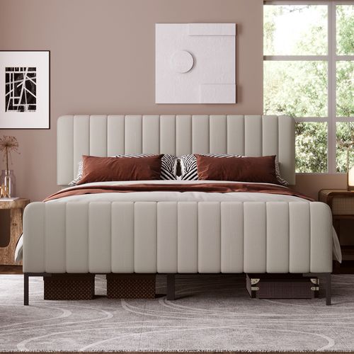 Lit double 180x200 cm capitonné, sommier inclus, tête réglable, tissu lin beige