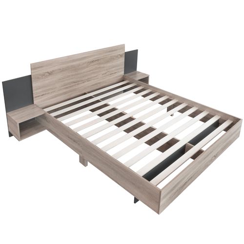 Lit Double 160x200 en Bois avec 2 Chevets, Ensemble Moderne Chêne + Gris