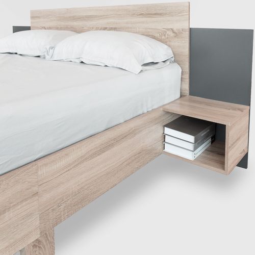 Lit Double 160x200 en Bois avec 2 Chevets, Ensemble Moderne Chêne + Gris
