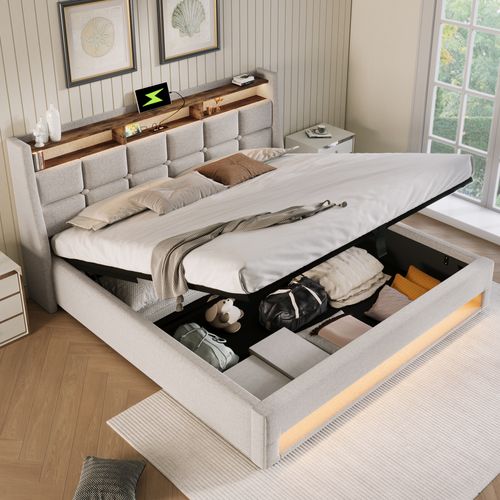 Lit Double 160x200 Cm Avec Rangement Et LED – Dossier Velours Côtelé Beige – Structure Bois Chêne Clair – Sans Matelas