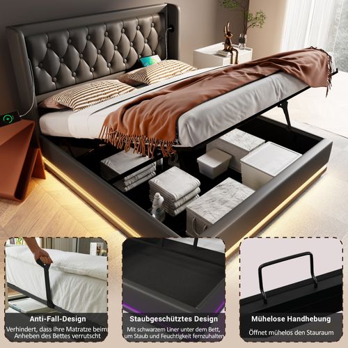 Lit Coffre 160x200 Cm - Lit Double Avec Fonction USB Et LED - Pu - Noir