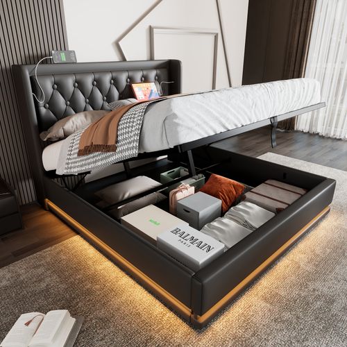 Lit Coffre 160x200 Cm - Lit Double Avec Fonction USB Et LED - Pu - Noir