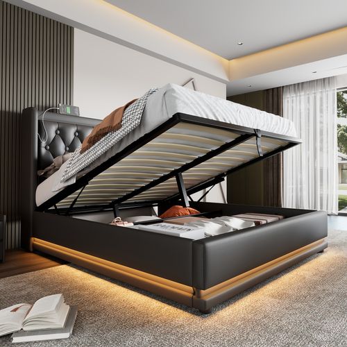 Lit Coffre 160x200 Cm - Lit Double Avec Fonction USB Et LED - Pu - Noir