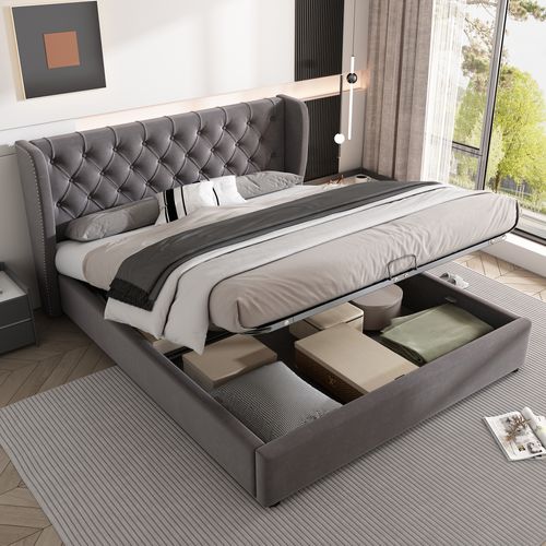 Lit Coffre140×190 Cm - Lit Double Capitonné Avec Rangement Sous Le Lit - Velours - Gris