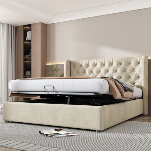 Lit Coffre 140×200 Cm- Lit Double Capitonné Avec Rangement Sous Le Lit - Velours - Beige