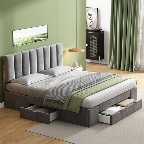 Lit Avec Rangement 160x200 Cm - Lit Double Rembourré Avec Sommier Inclus - Velours - Gris