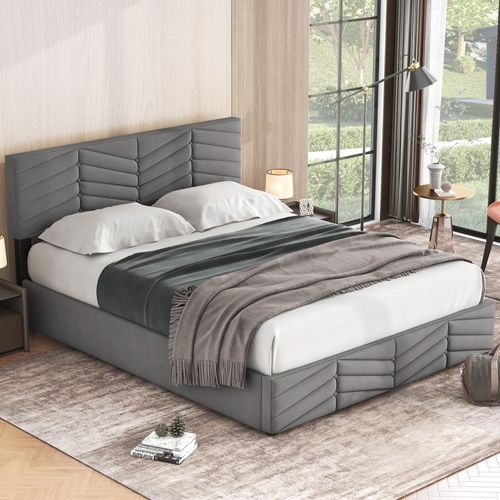 Lit Coffre 140x190 Cm - Lit Double Rembourré Avec Sommier à Lattes - Velours - Gris