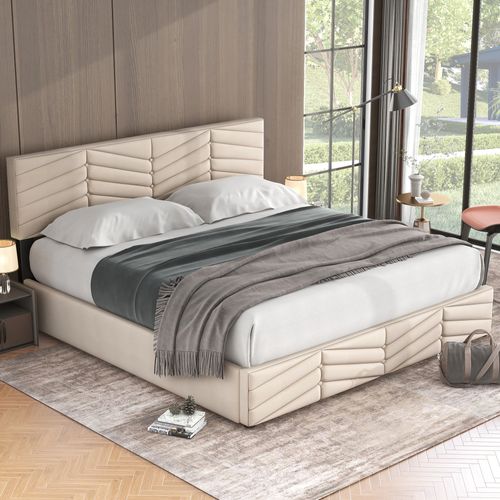 Lit Coffre 180x200 Cm - Lit Double Rembourré Avec Sommier à Lattes - Velours - Beige